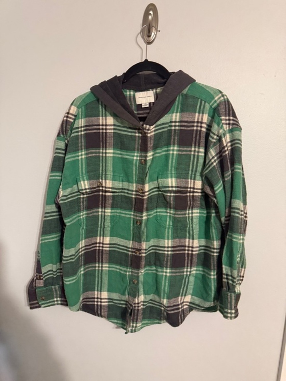 American Eagle Green Plaid Hooded Flannel Shirt - Large - Boyfriend Fit